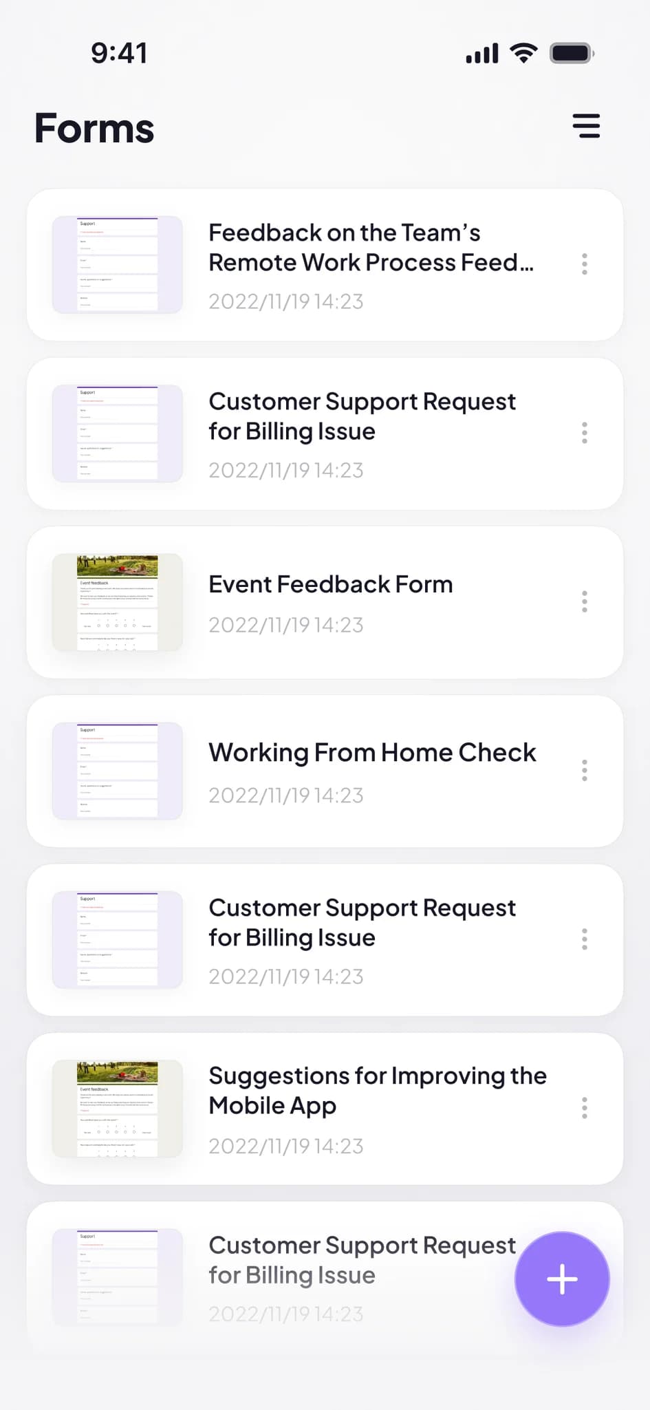 Formatic on iPhone showing a list of Google Forms and the create form button