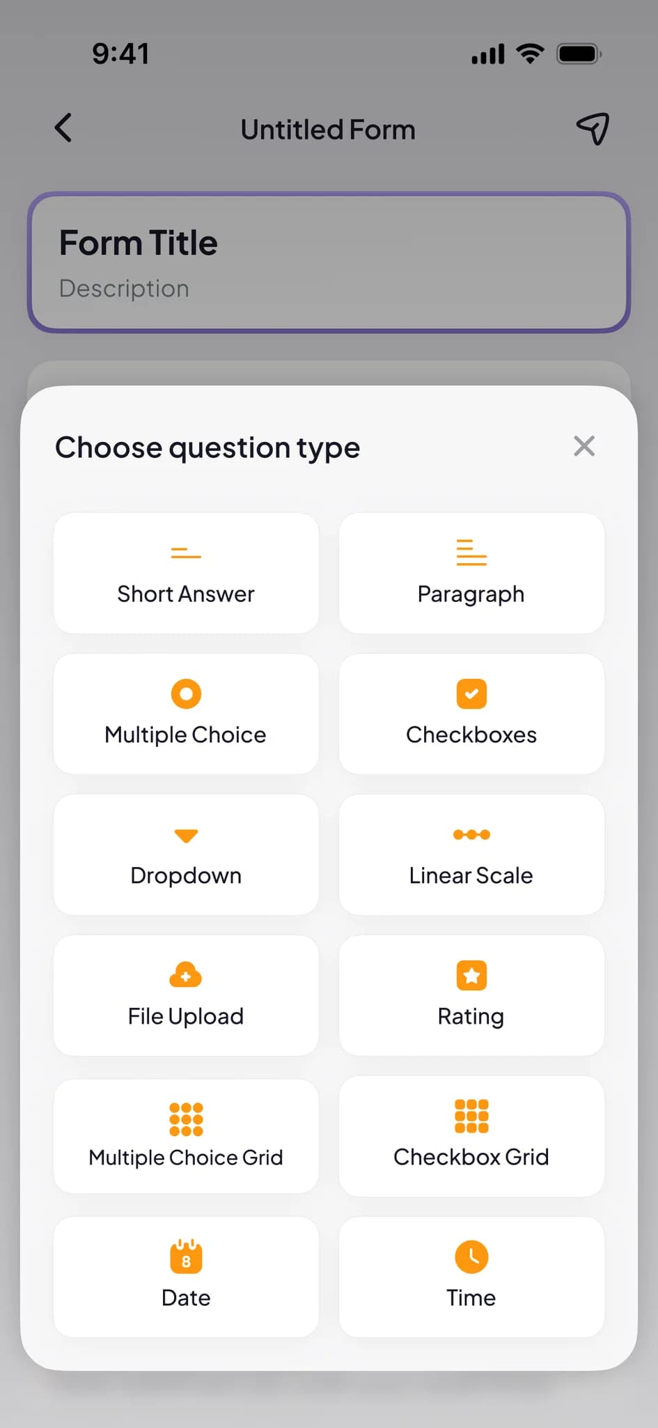 Formatic question picker showing short answer, paragraph, multiple choice, checkboxes, and other question types