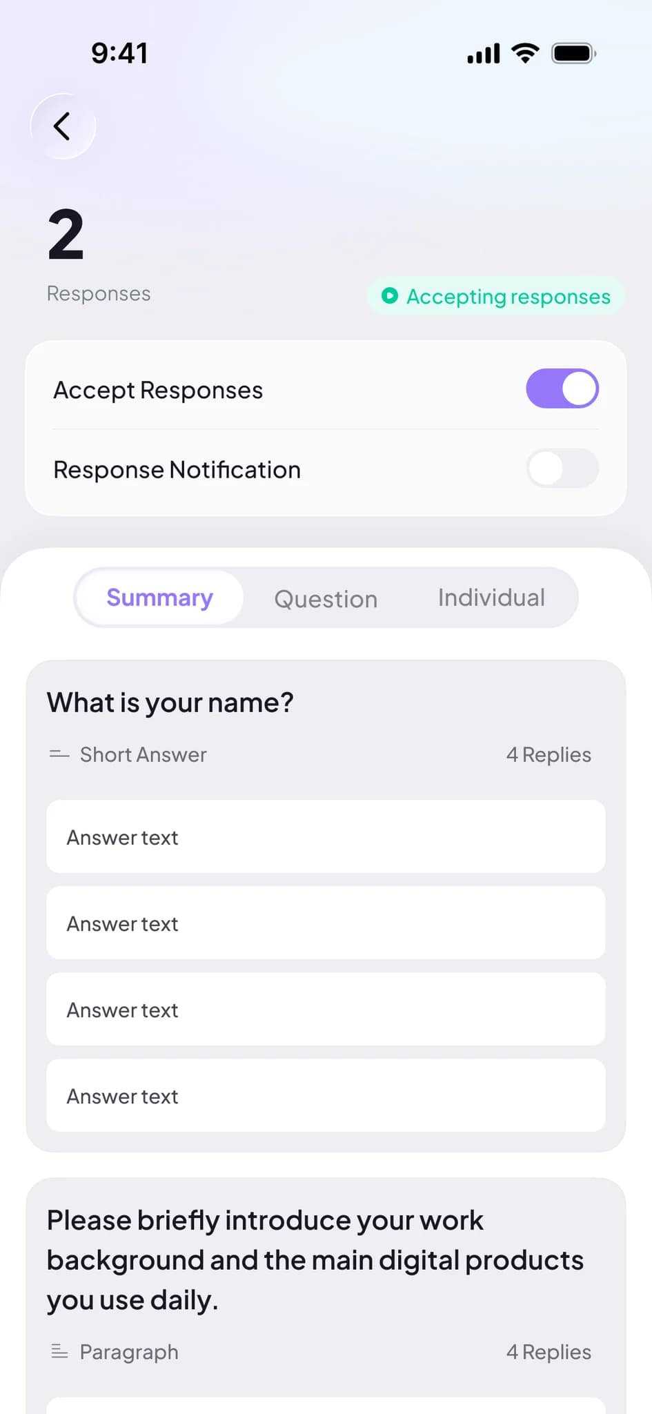 Formatic response screen with summary, question, and individual tabs and response settings